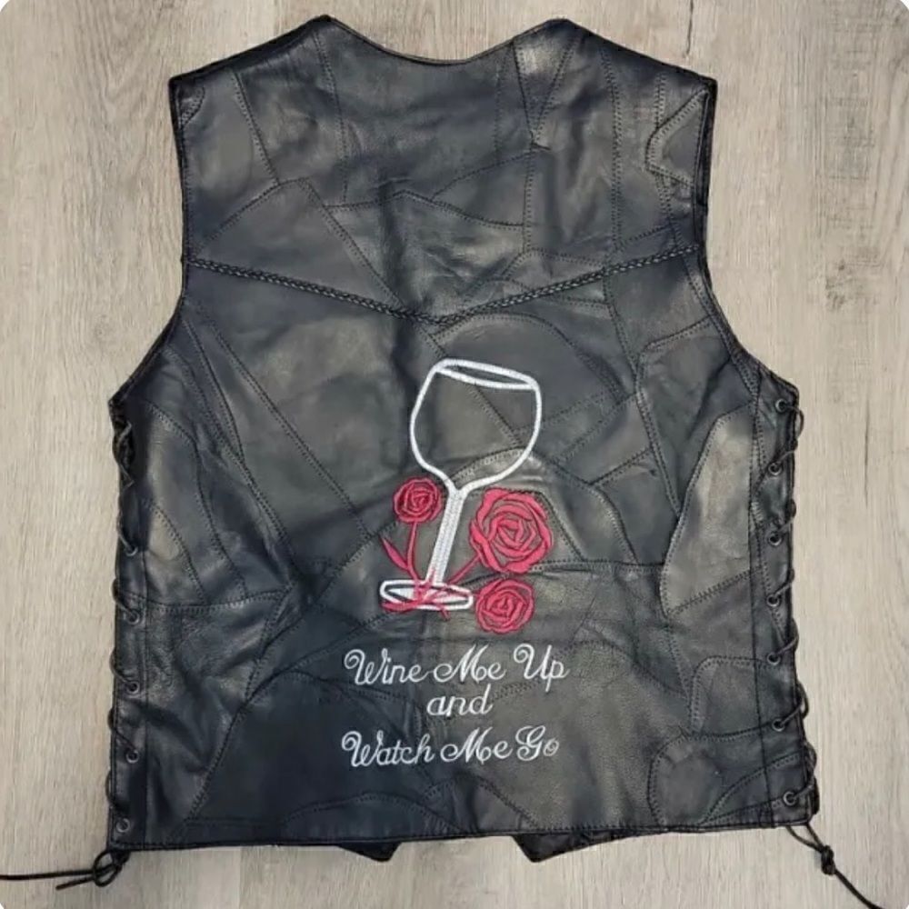 Diamond Plate Genuine Leather Womens Biker Vest Black "Wines A Lot" Small